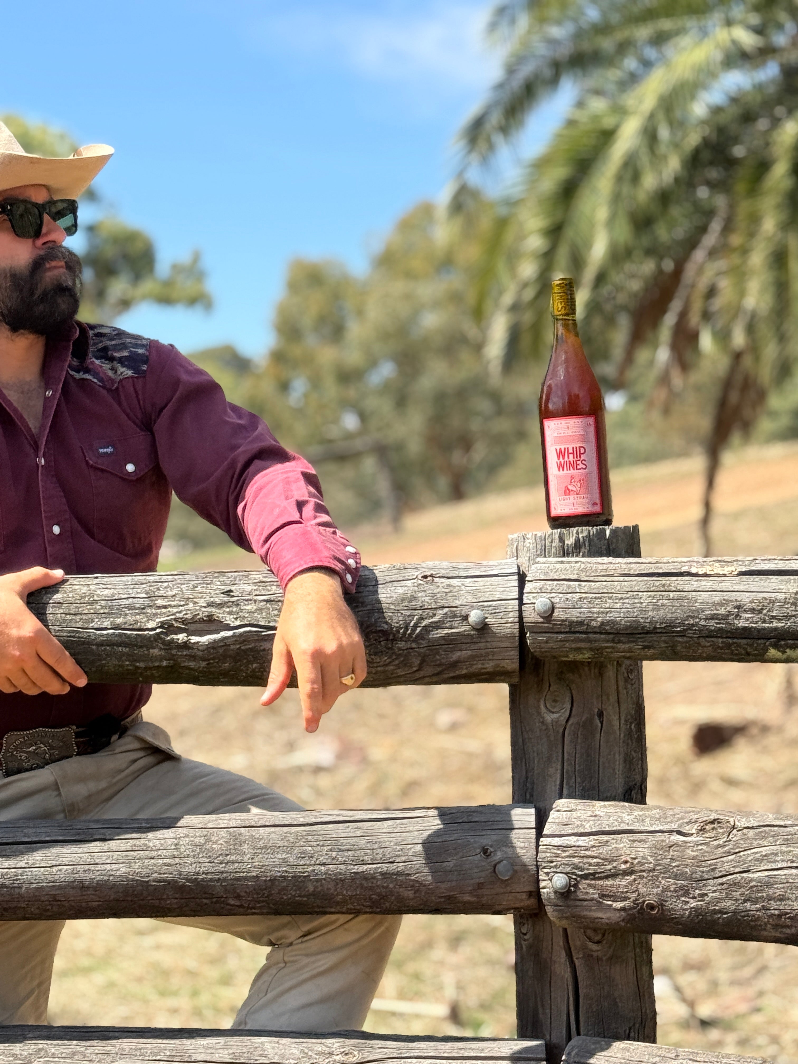 Cowboy with Whip Wines bottle outdoors